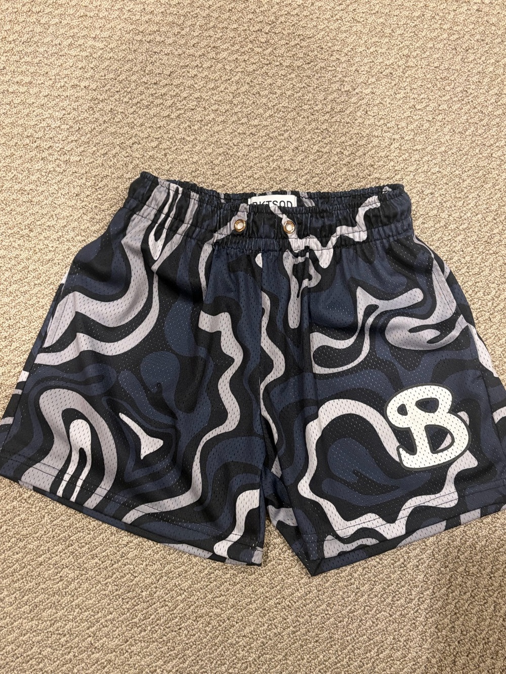 Men’s Black & Gray Athletic Swim-Style Shorts with Swirl Print